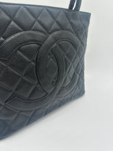 Load image into Gallery viewer, Authentic Chanel preowned black caviar medallion tote with silver hardware