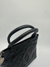 Load image into Gallery viewer, Authentic Chanel preowned black caviar medallion tote with silver hardware