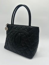 Load image into Gallery viewer, Authentic Chanel preowned black caviar medallion tote with silver hardware