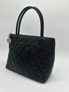 Authentic Chanel preowned black caviar medallion tote with silver hardware