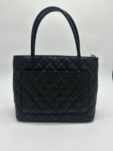 Load image into Gallery viewer, Authentic Chanel preowned black caviar medallion tote with silver hardware