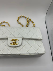 Authentic Pre-Loved Chanel white Small 9” Lambskin Flap with gold Hardware