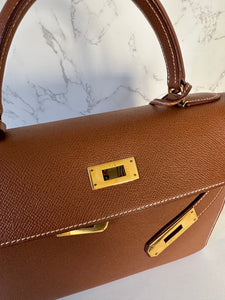 Authentic preowned Hermes Kelly 28 gold courchevel/epsom